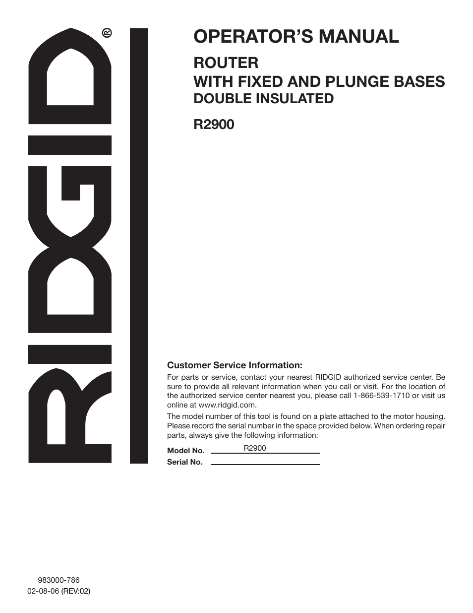 Operator’s manual, Router with fixed and plunge bases, Double insulated r2900 | RIDGID R2900 User Manual | Page 24 / 24