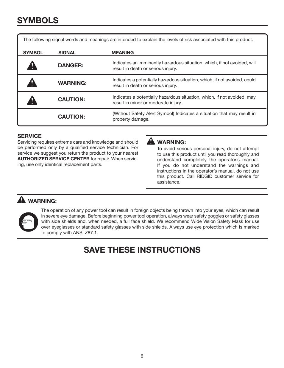 Symbols, Save these instructions | RIDGID R2900 User Manual | Page 6 / 24