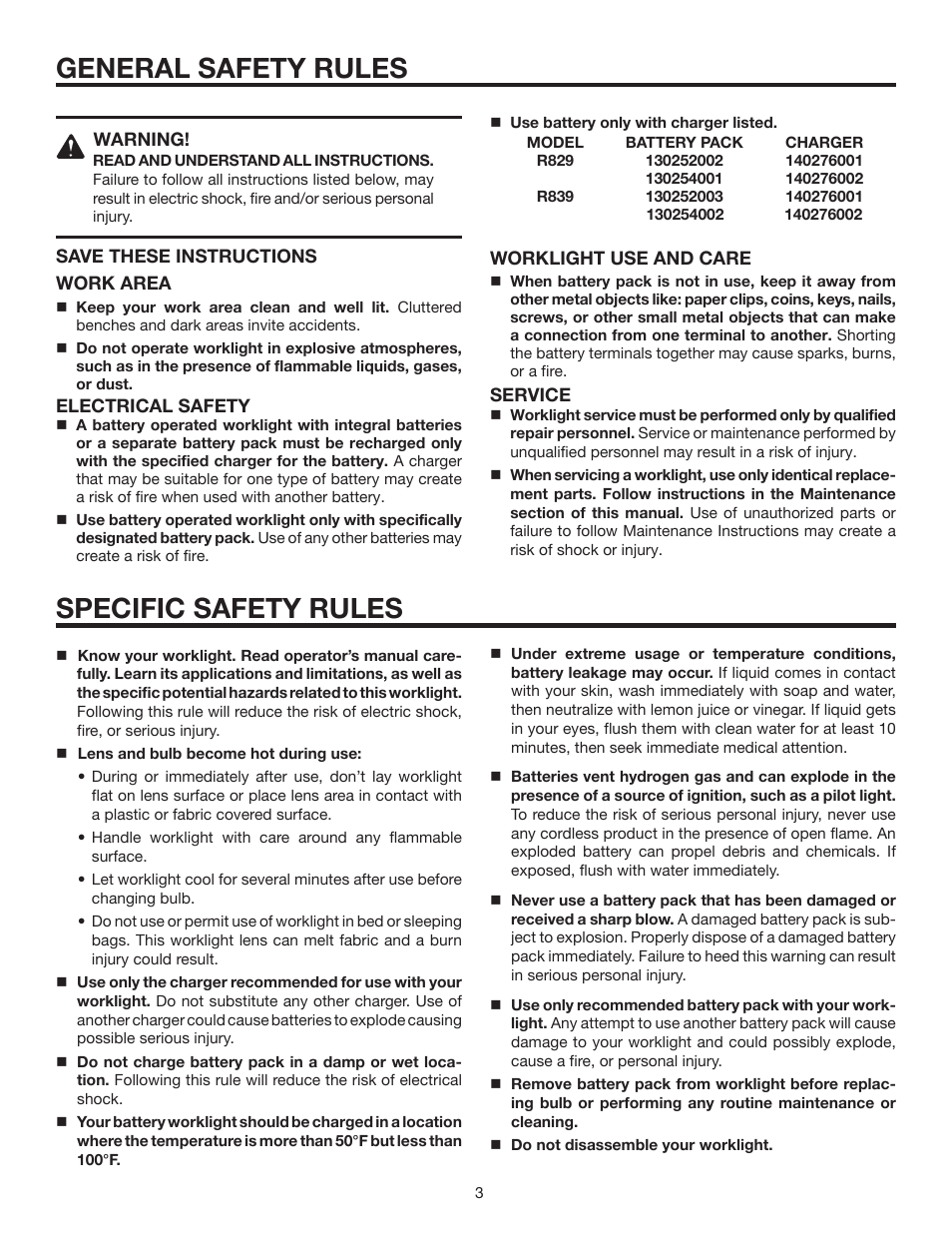General safety rules, Specific safety rules | RIDGID R839 User Manual | Page 3 / 16