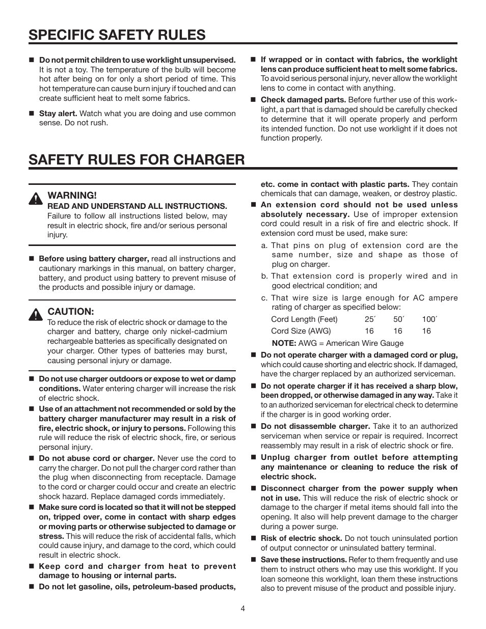 Specific safety rules, Safety rules for charger | RIDGID R839 User Manual | Page 4 / 16