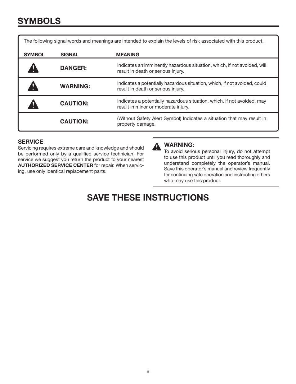 Symbols, Save these instructions | RIDGID R839 User Manual | Page 6 / 16