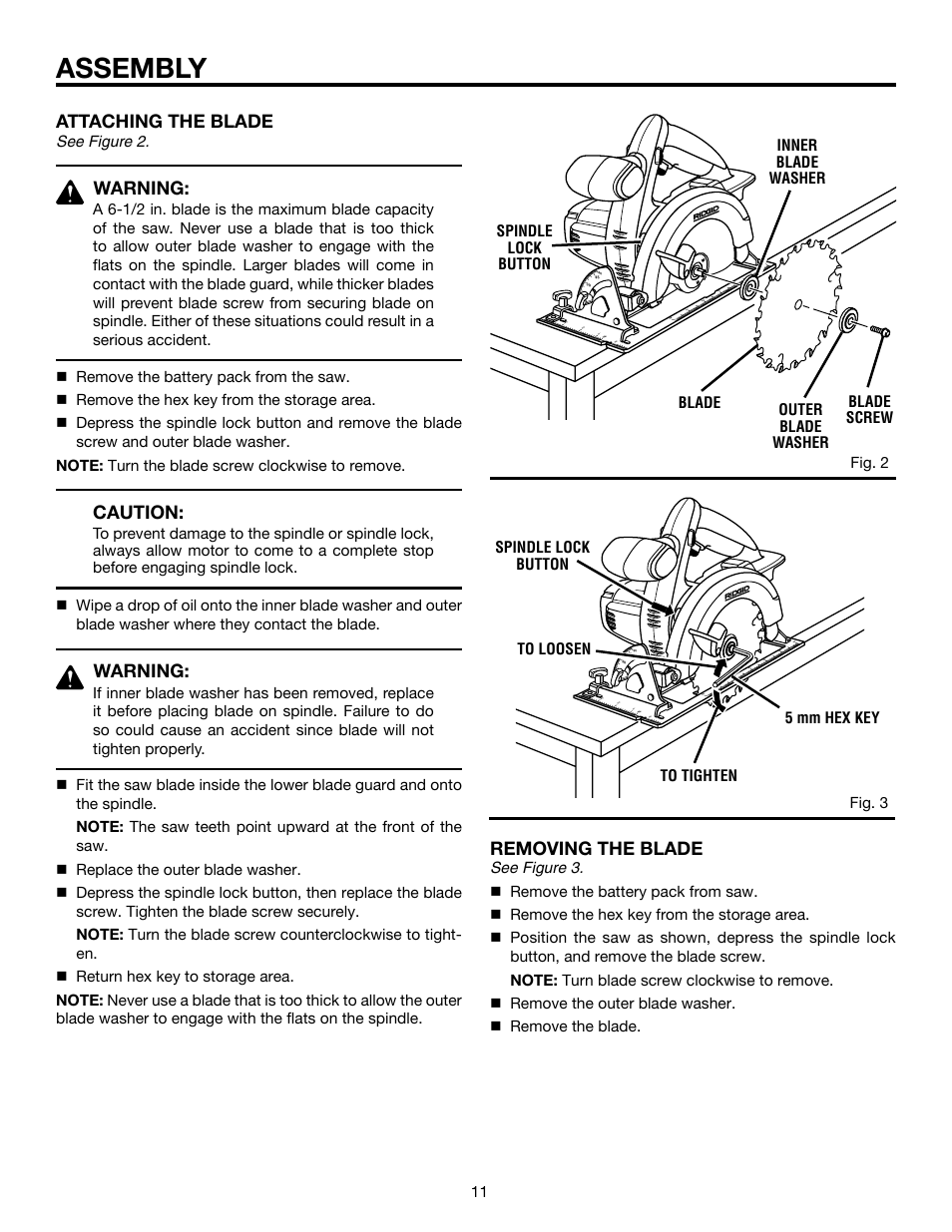 Assembly, Attaching the blade, Warning | Caution, Removing the blade | RIDGID R845 User Manual | Page 11 / 24