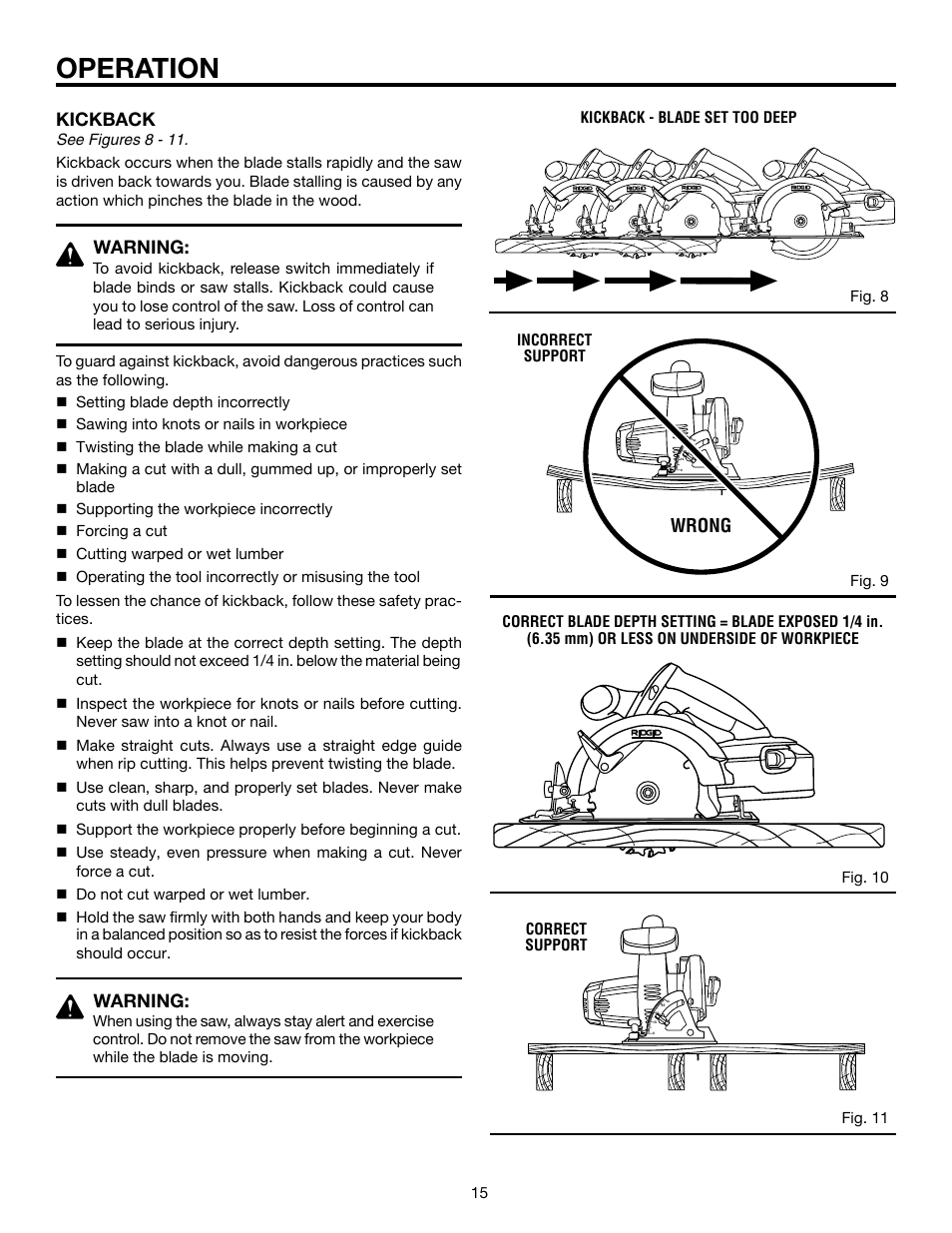 Operation, Kickback, Warning | Wrong | RIDGID R845 User Manual | Page 15 / 24