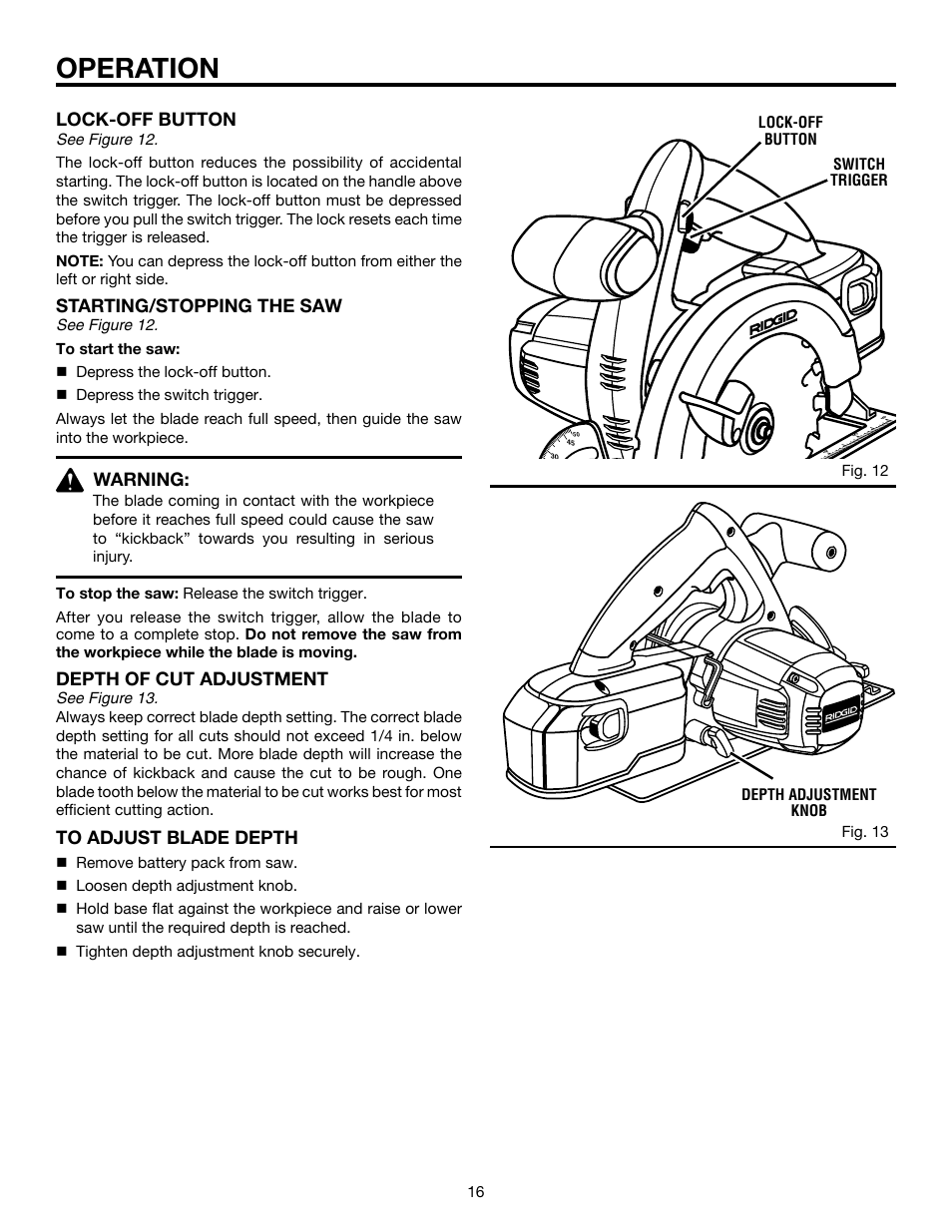 Operation, Lock-off button, Starting/stopping the saw | Warning, Depth of cut adjustment | RIDGID R845 User Manual | Page 16 / 24