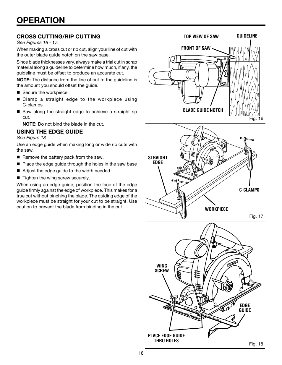 Operation, Cross cutting/rip cutting, Using the edge guide | Fig. 16, Workpiece c-clamps straight edge, Wing screw place edge guide thru holes edge guide | RIDGID R845 User Manual | Page 18 / 24