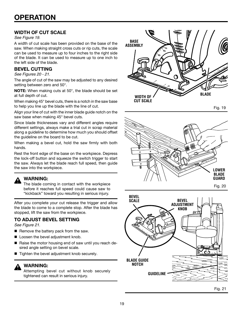 Operation, Width of cut scale, Bevel cutting | Warning, Fig. 19, Base assembly width of cut scale blade, Lower blade guard | RIDGID R845 User Manual | Page 19 / 24