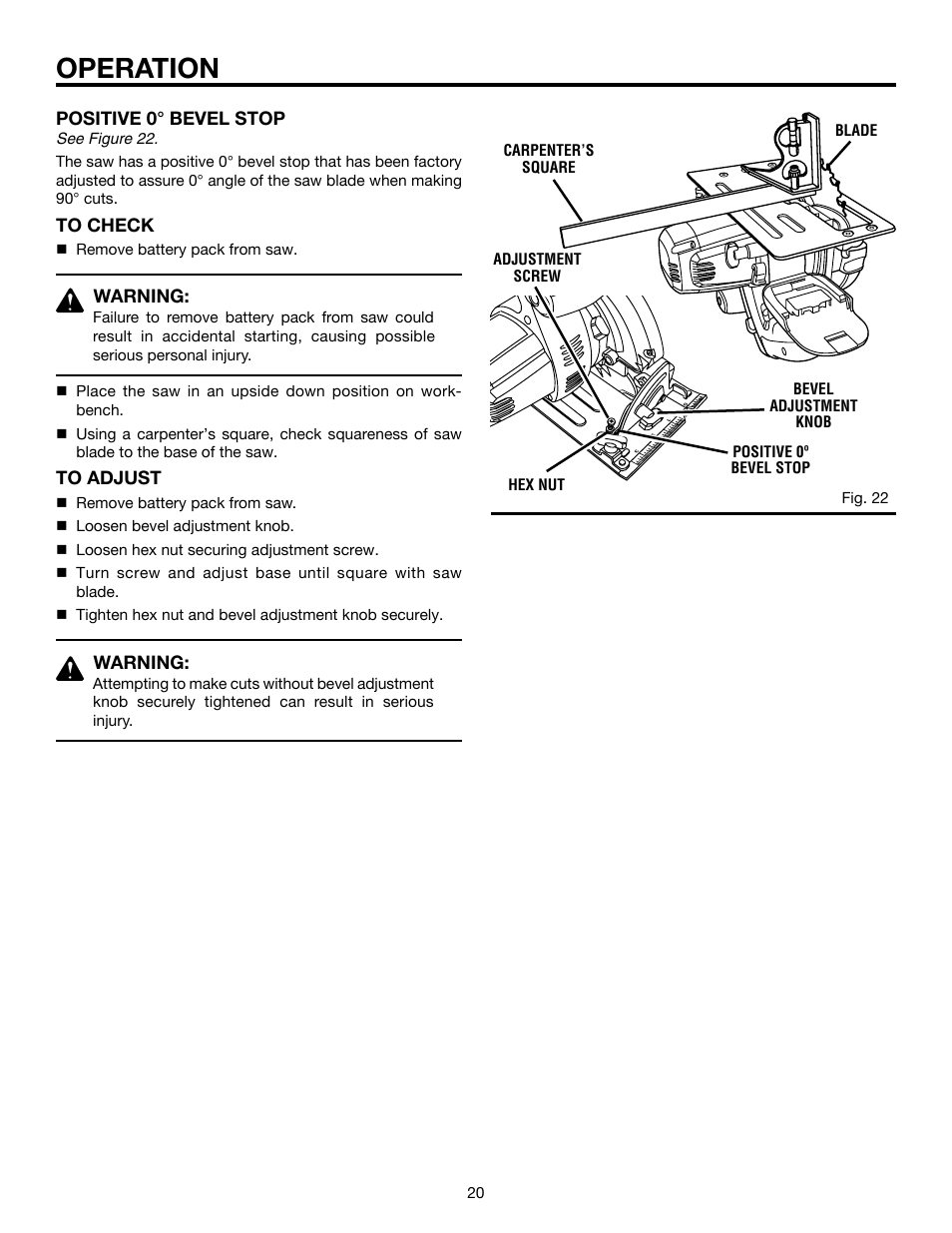 Operation, Positive 0° bevel stop, Warning | RIDGID R845 User Manual | Page 20 / 24