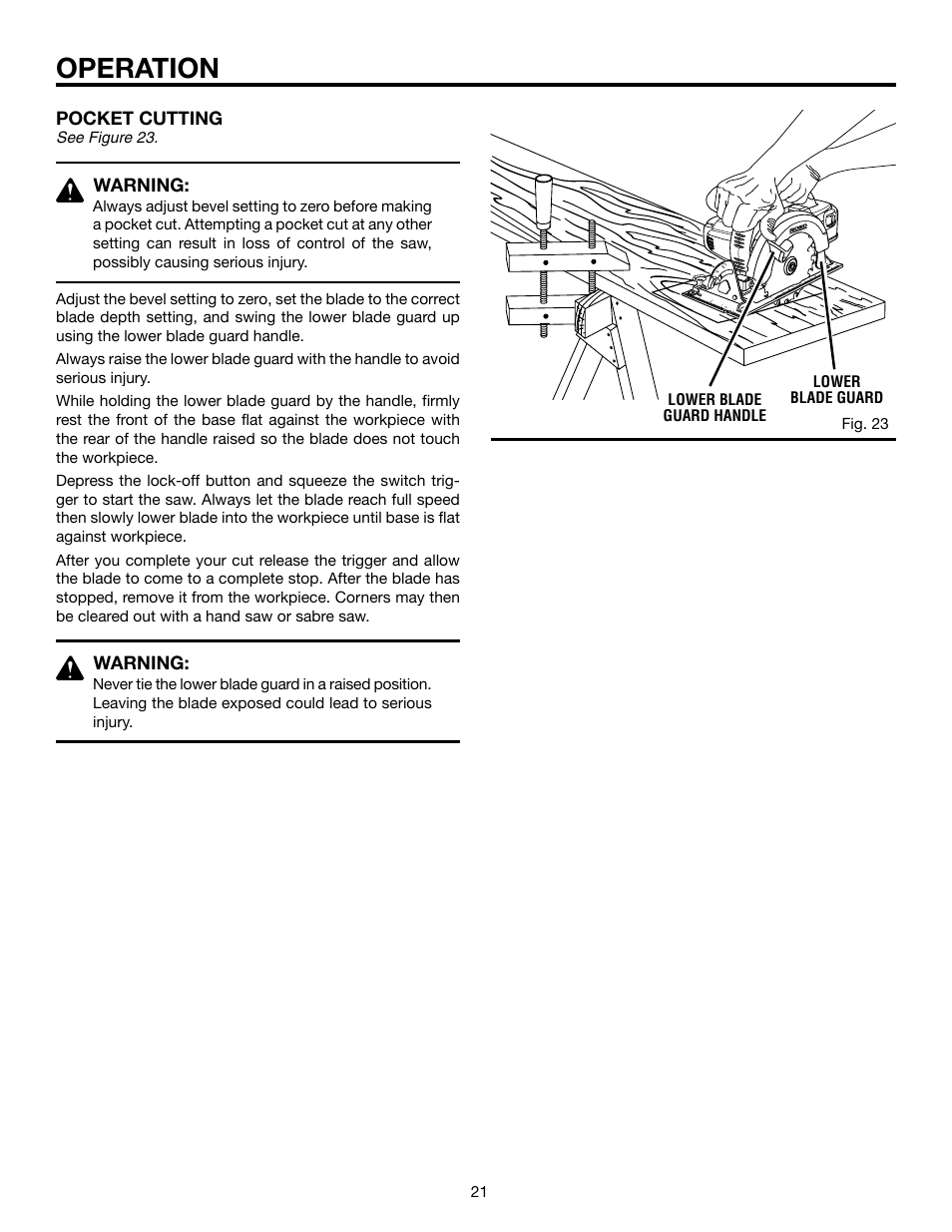 Operation, Pocket cutting, Warning | Fig. 23 lower blade guard handle lower blade guard, See figure 23 | RIDGID R845 User Manual | Page 21 / 24