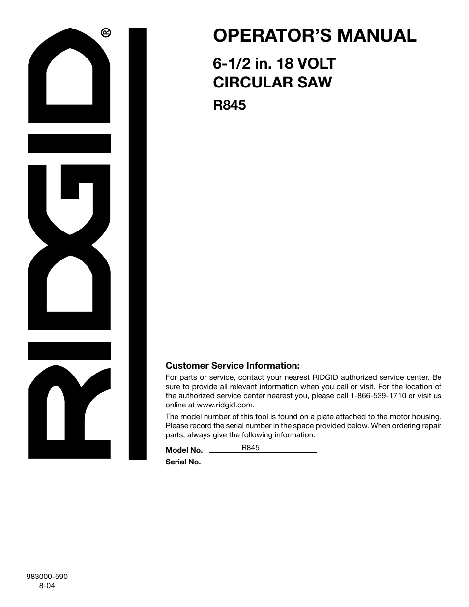 Operator’s manual, 1/2 in. 18 volt circular saw, R845 | RIDGID R845 User Manual | Page 24 / 24