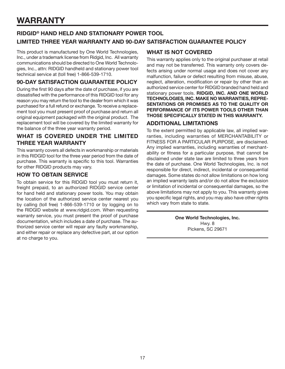 Warranty | RIDGID R5010 User Manual | Page 17 / 18