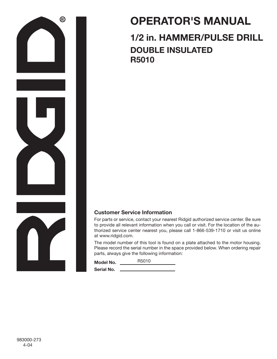 Operator's manual, 1/2 in. hammer/pulse drill, Double insulated r5010 | RIDGID R5010 User Manual | Page 18 / 18