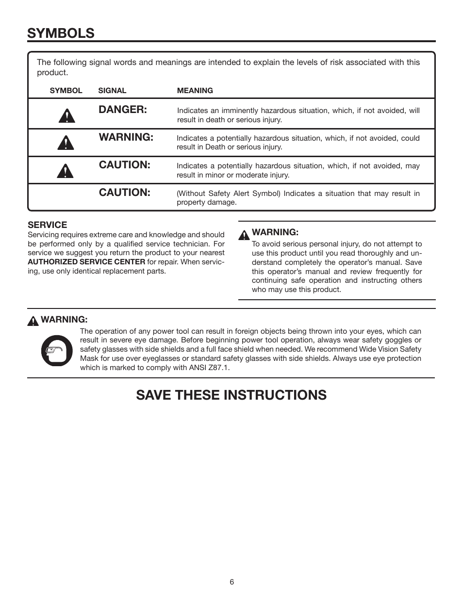 Save these instructions, Symbols, Danger | Warning, Caution | RIDGID R5010 User Manual | Page 6 / 18