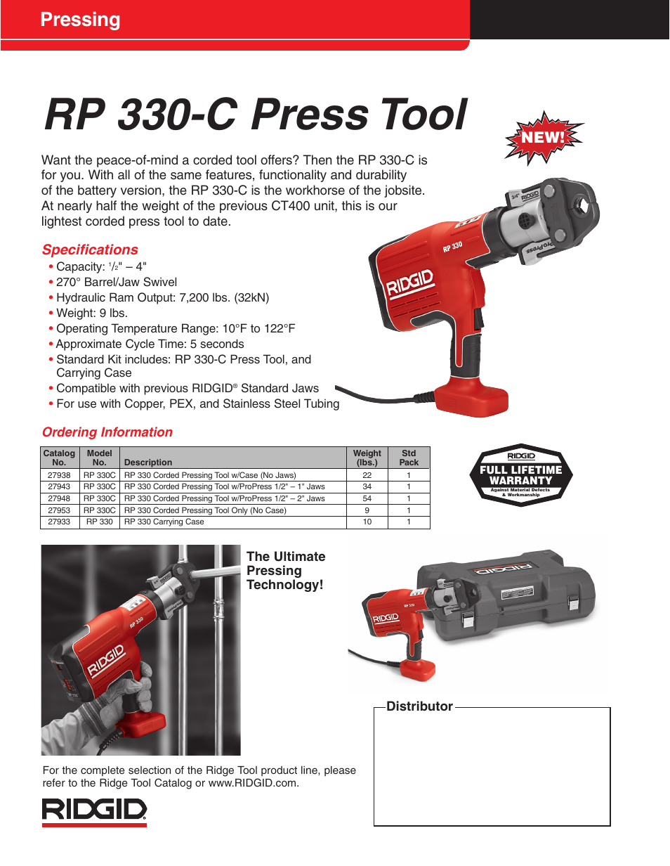 Rp 330-c press tool, Pressing, Specifications | Ordering information, Distributor, The ultimate pressing technology | RIDGID RP 330-B User Manual | Page 2 / 2