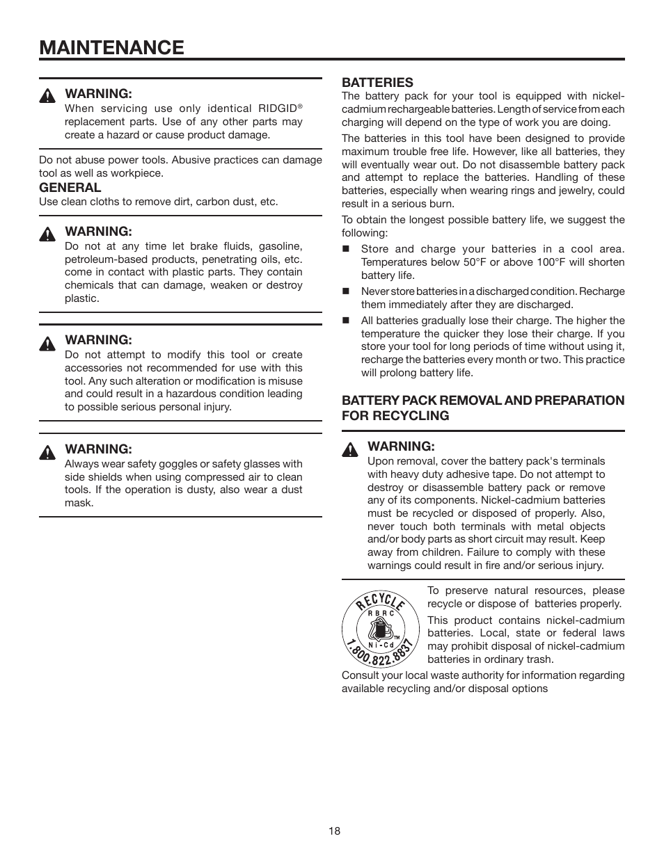 Maintenance | RIDGID R83001 User Manual | Page 18 / 20