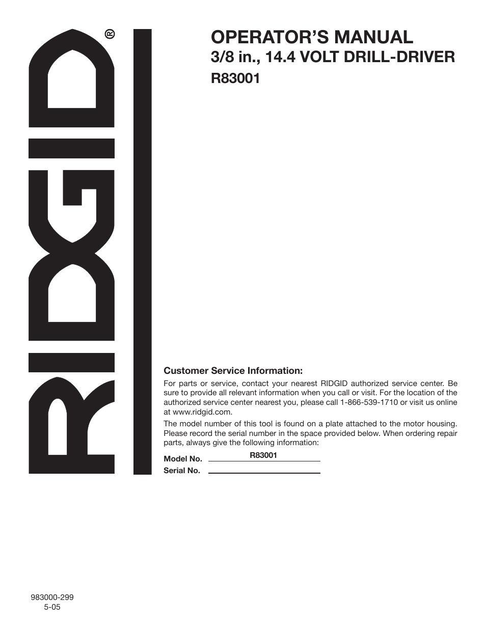 Operator’s manual | RIDGID R83001 User Manual | Page 20 / 20