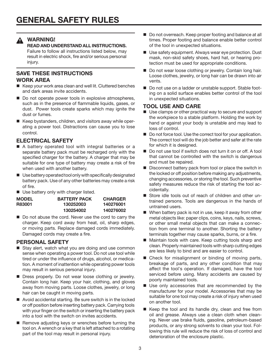 General safety rules | RIDGID R83001 User Manual | Page 3 / 20