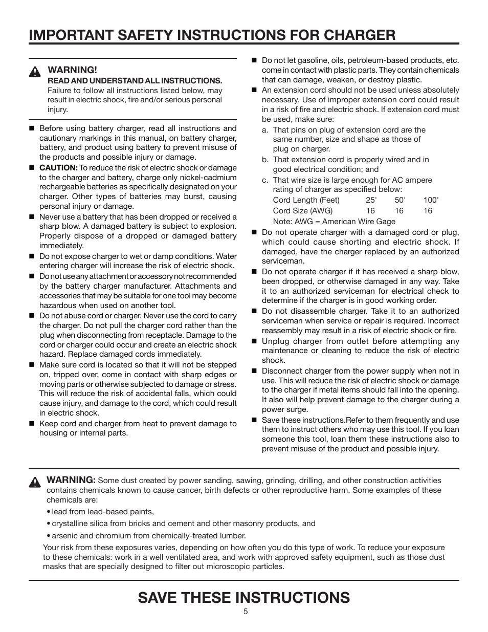 Save these instructions, Important safety instructions for charger | RIDGID R83001 User Manual | Page 5 / 20