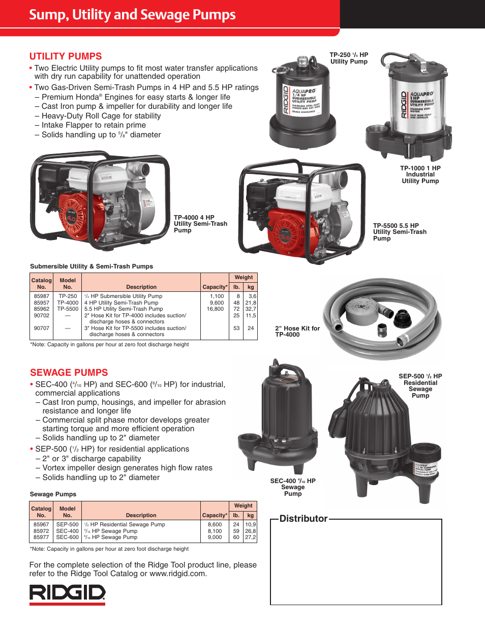 Sump, utility and sewage pumps, Distributor, Utility pumps | Sewage pumps, Diameter, Sec-400, Hp) and sec-600 | RIDGID PUMPS User Manual | Page 2 / 2