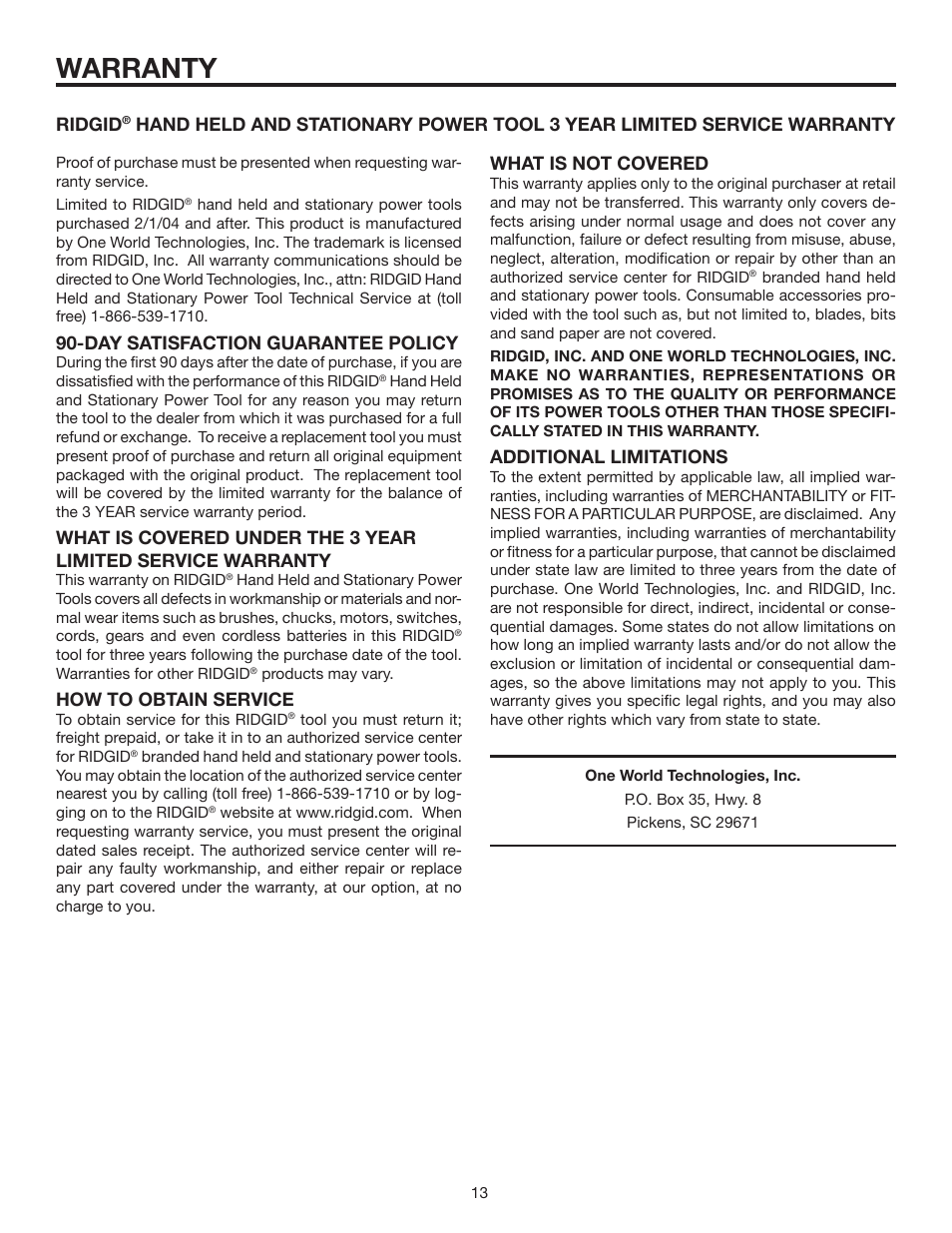 Warranty, Day satisfaction guarantee policy, How to obtain service | Ridgid, Additional limitations | RIDGID R6000 User Manual | Page 13 / 14