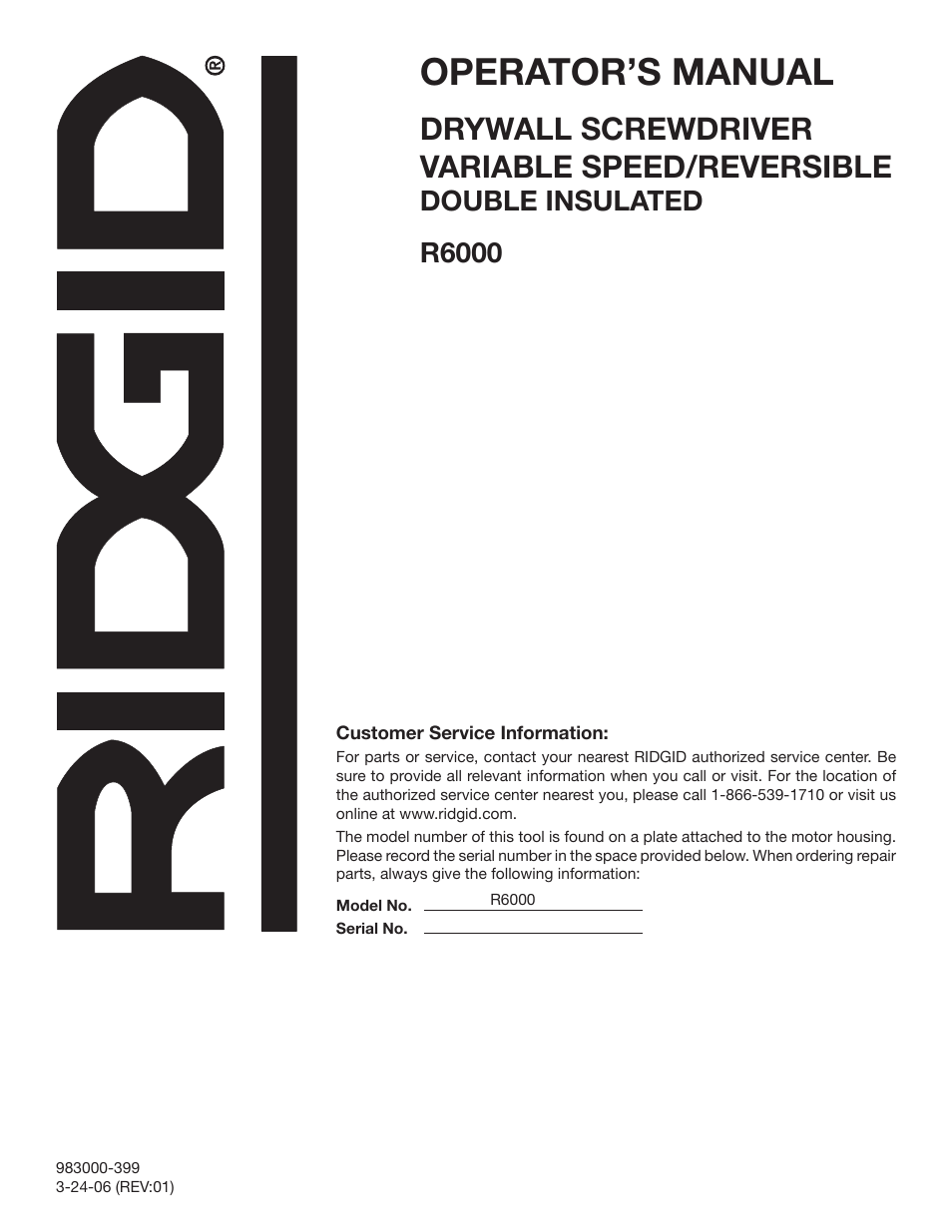 Operator’s manual, Drywall screwdriver variable speed/reversible, Double insulated r6000 | RIDGID R6000 User Manual | Page 14 / 14