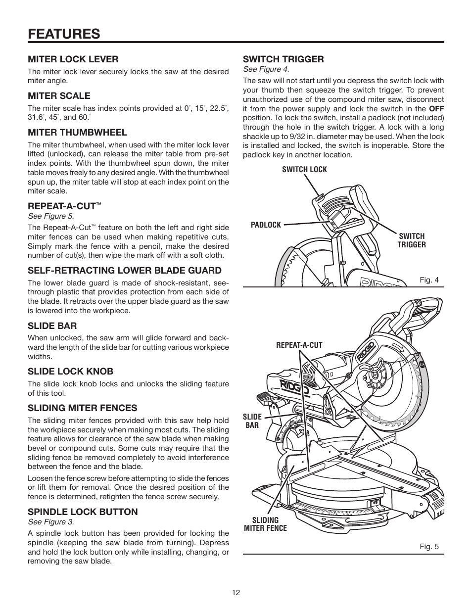 Features | RIDGID MS1290LZ1 User Manual | Page 12 / 40