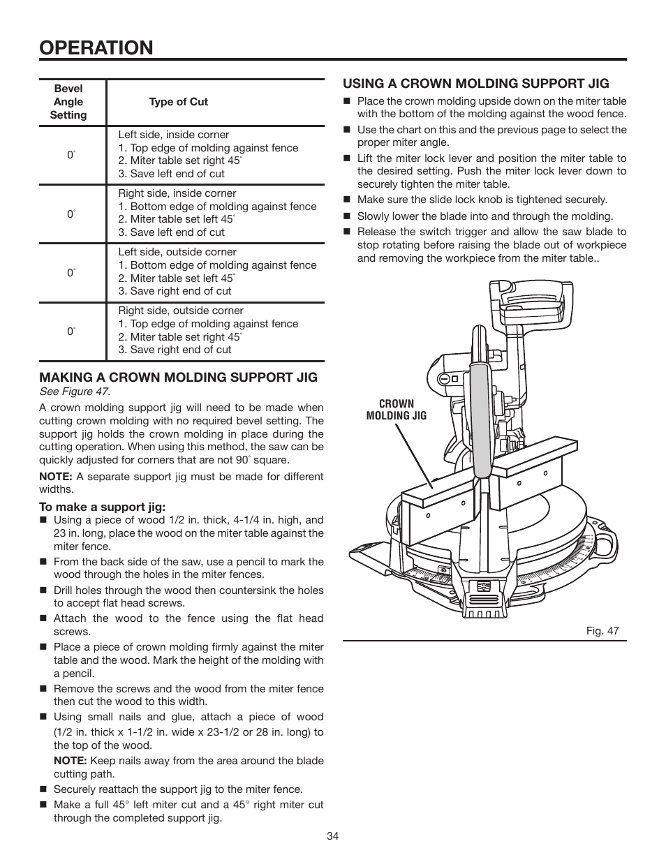 Operation, Making a crown molding support jig, Using a crown molding support jig | RIDGID MS1290LZ1 User Manual | Page 34 / 40