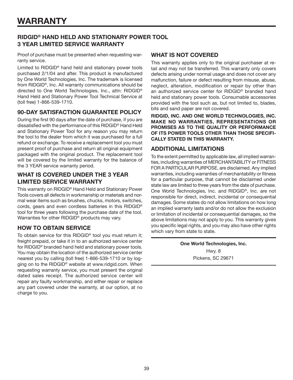 Warranty, Day satisfaction guarantee policy, How to obtain service | Ridgid, Additional limitations | RIDGID MS1290LZ1 User Manual | Page 39 / 40