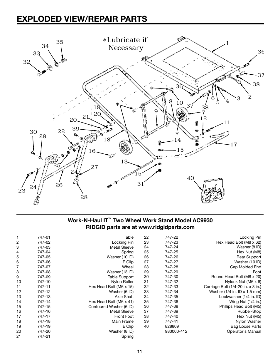 Exploded view/repair parts, Lubricate if necessary | RIDGID TS2400 User Manual | Page 11 / 12