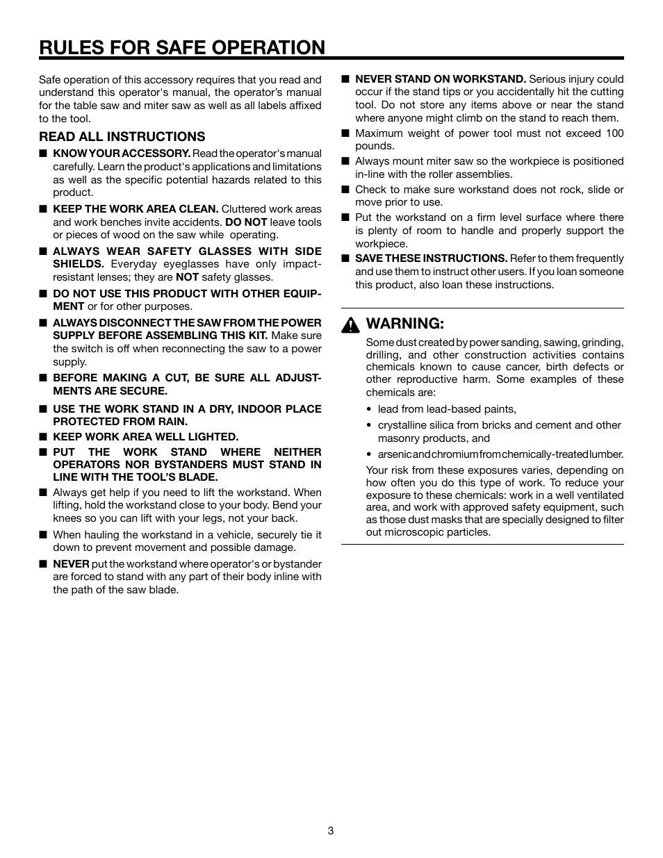 Rules for safe operation, Warning | RIDGID TS2400 User Manual | Page 3 / 12
