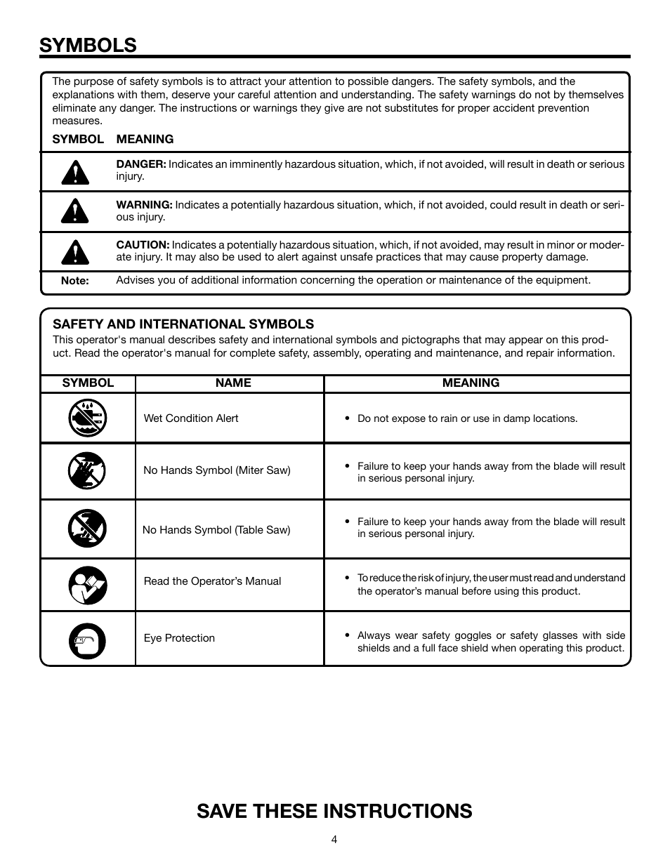 Symbols, Save these instructions | RIDGID TS2400 User Manual | Page 4 / 12