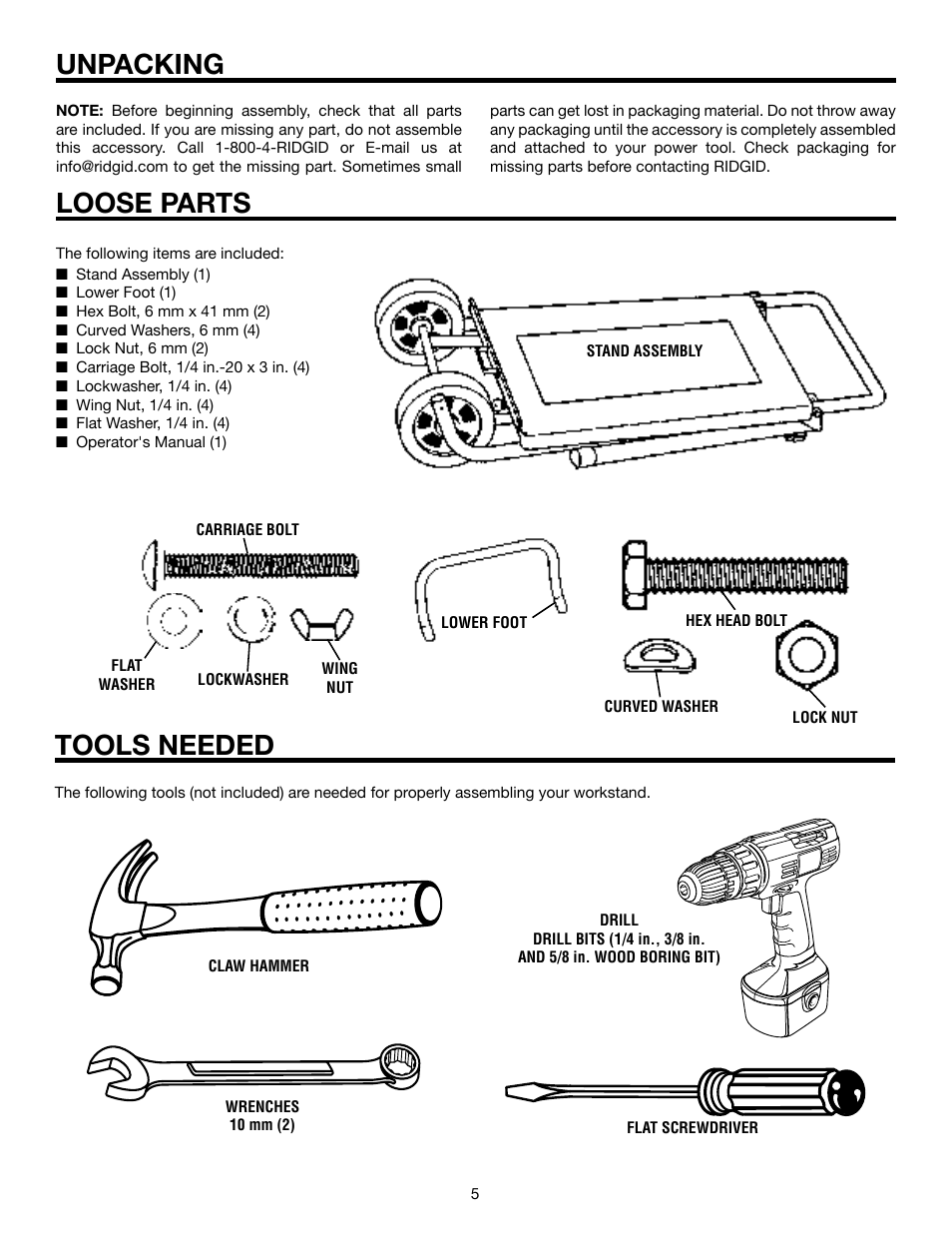 Unpacking loose parts, Tools needed | RIDGID TS2400 User Manual | Page 5 / 12