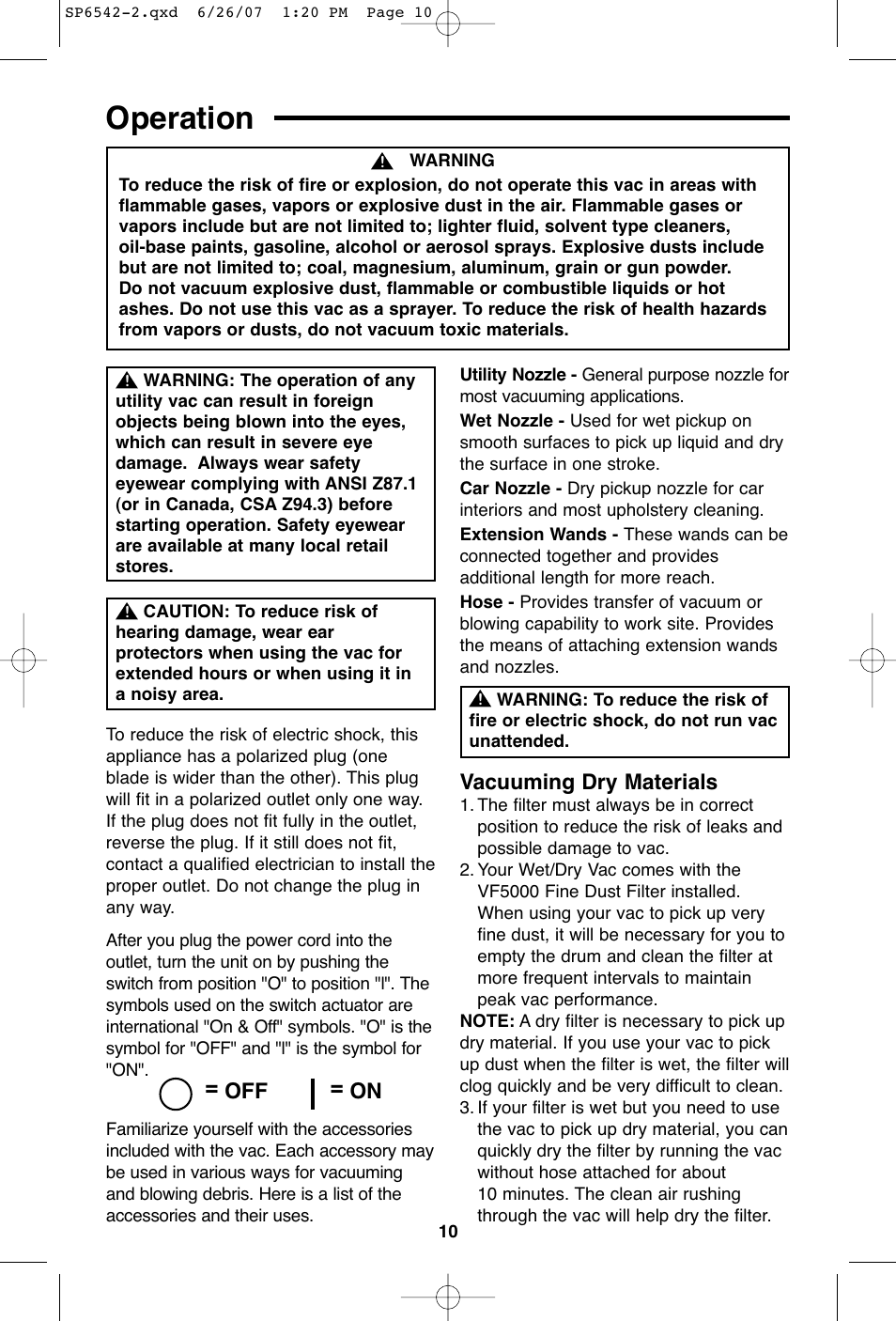 Operation, Vacuuming dry materials, Off = on | RIDGID WD1450 User Manual | Page 10 / 36