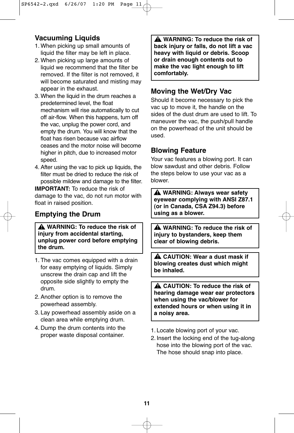 Emptying the drum vacuuming liquids, Moving the wet/dry vac, Blowing feature | RIDGID WD1450 User Manual | Page 11 / 36