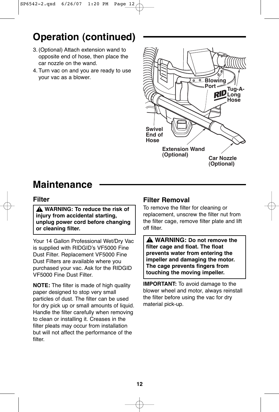 Maintenance, Operation (continued), Rid g i | Filter filter removal | RIDGID WD1450 User Manual | Page 12 / 36