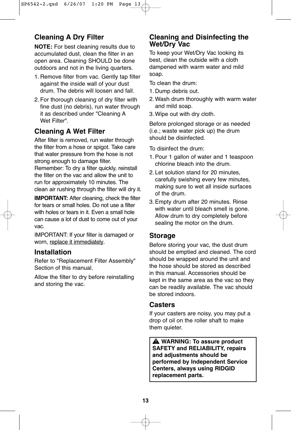Cleaning and disinfecting the wet/dry vac, Cleaning a dry filter, Cleaning a wet filter | Installation, Storage, Casters | RIDGID WD1450 User Manual | Page 13 / 36