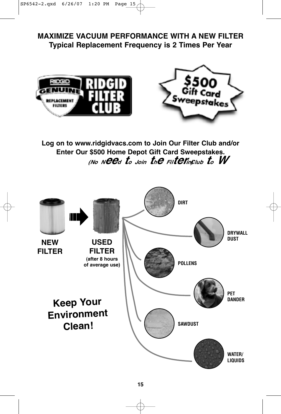 No need to join the filter club to w in), Keep your environment clean | RIDGID WD1450 User Manual | Page 15 / 36