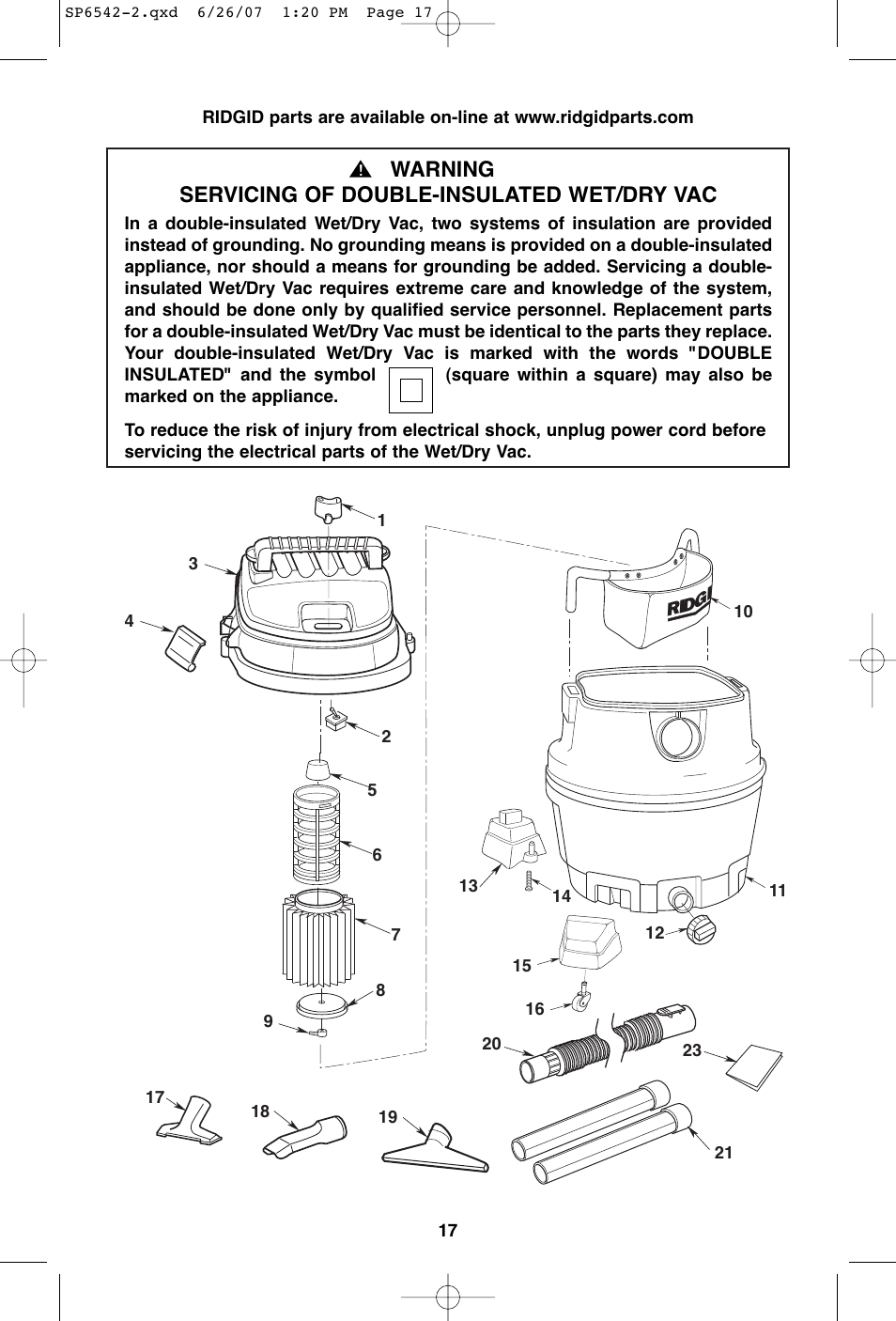 Warning servicing of double-insulated wet/dry vac | RIDGID WD1450 User Manual | Page 17 / 36