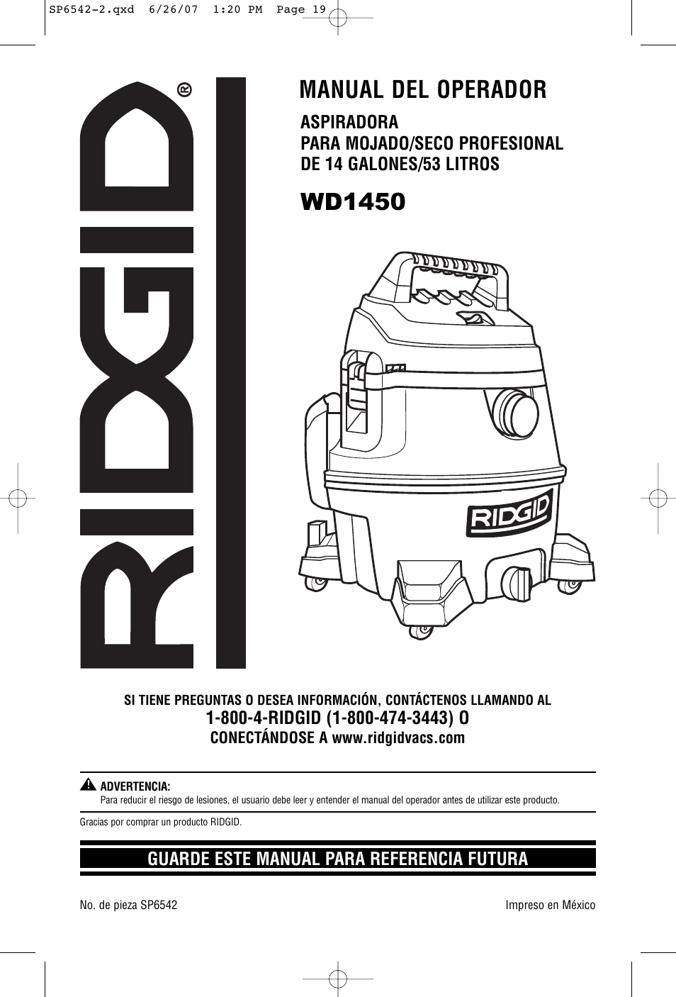 Wd1450, Manual del operador, Guarde este manual para referencia futura | RIDGID WD1450 User Manual | Page 19 / 36