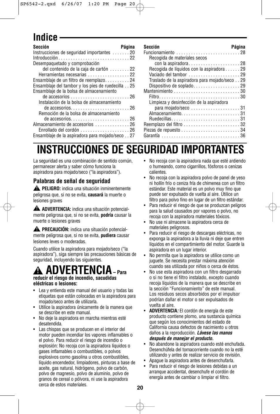 Advertencia, Instrucciones de seguridad importantes, Indice | RIDGID WD1450 User Manual | Page 20 / 36