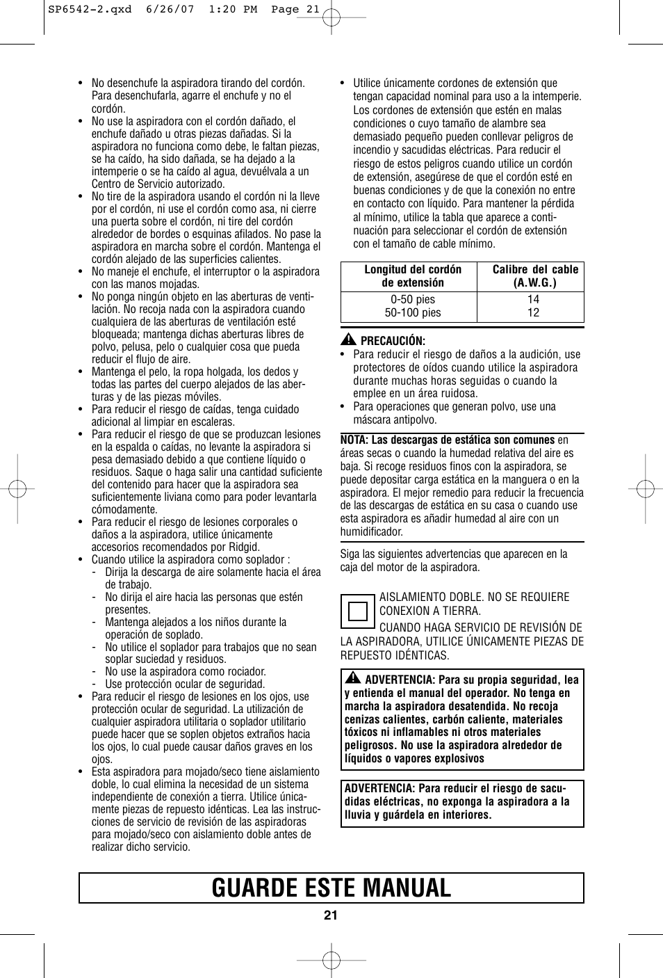 Guarde este manual | RIDGID WD1450 User Manual | Page 21 / 36