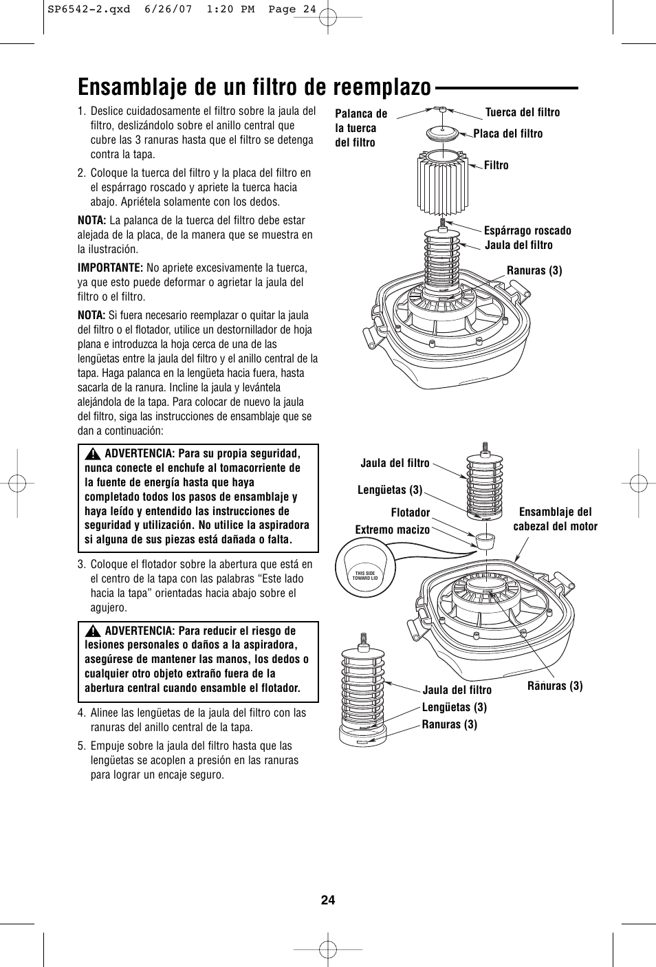 Ensamblaje de un filtro de reemplazo | RIDGID WD1450 User Manual | Page 24 / 36