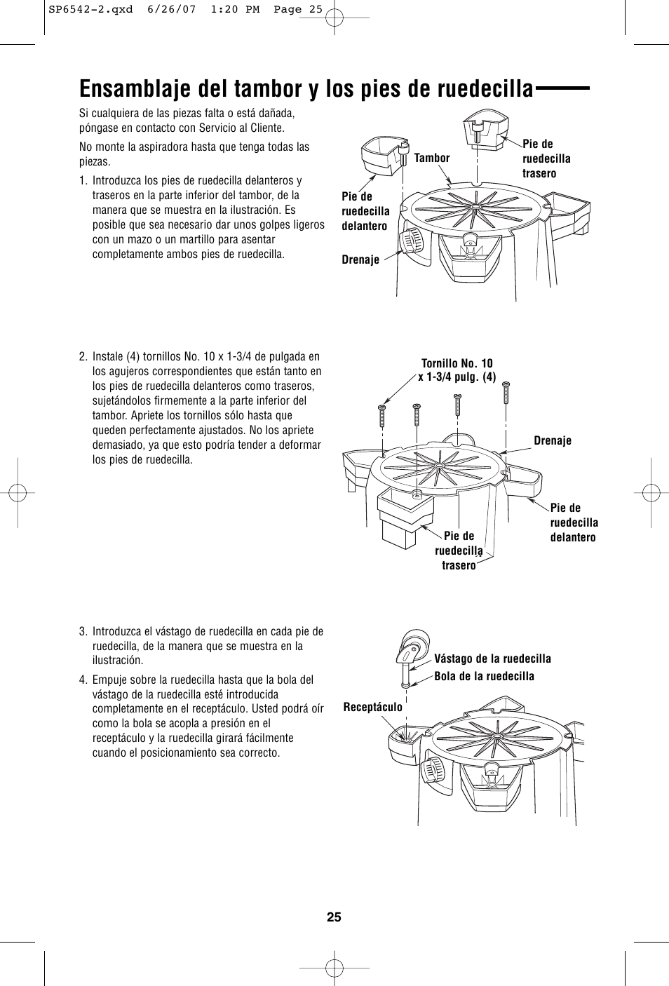 Ensamblaje del tambor y los pies de ruedecilla | RIDGID WD1450 User Manual | Page 25 / 36