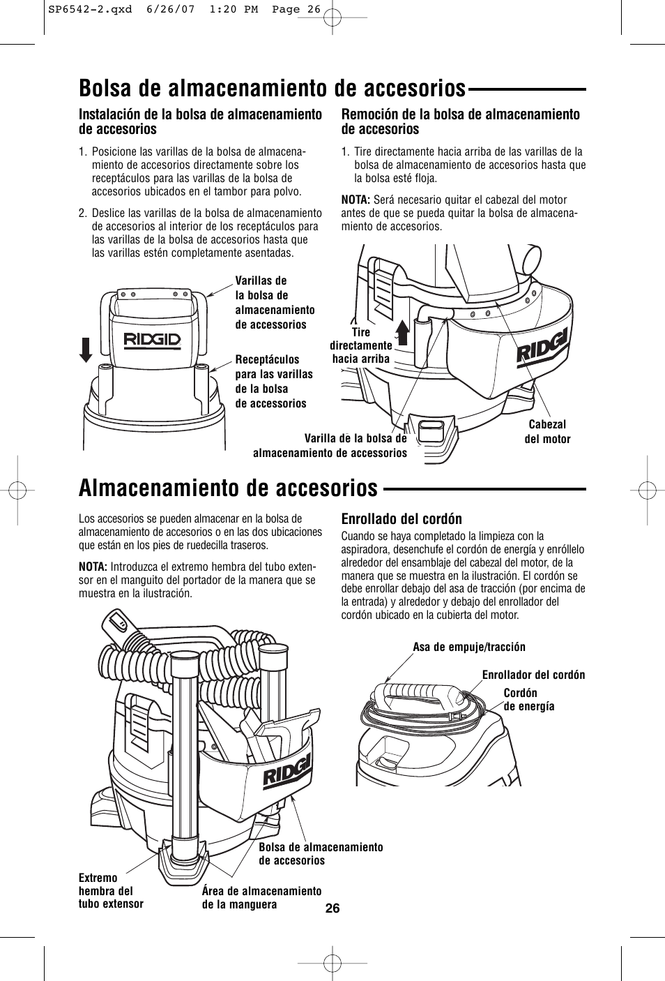 Bolsa de almacenamiento de accesorios, Almacenamiento de accesorios, Rid g i | RIDGID WD1450 User Manual | Page 26 / 36