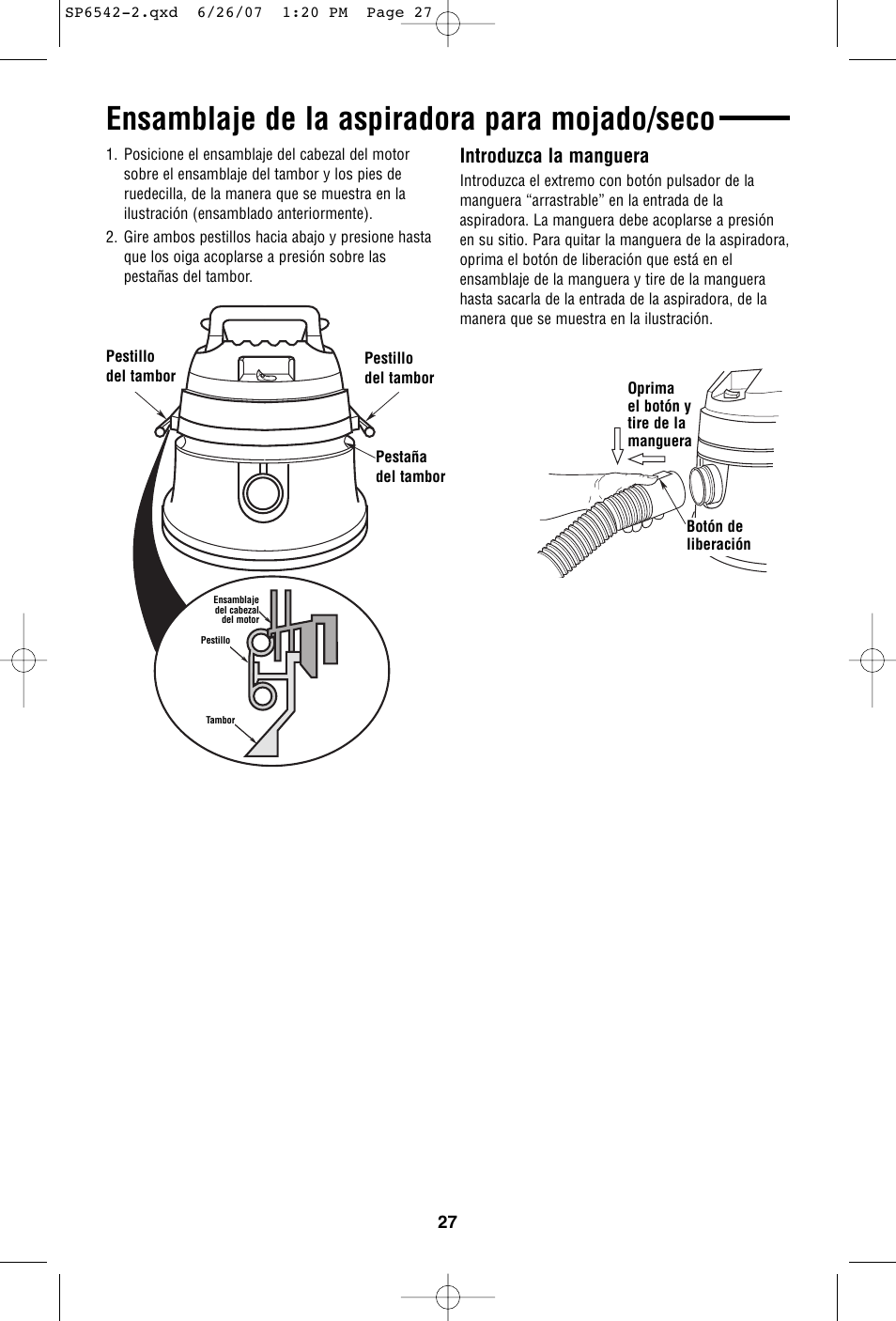 Ensamblaje de la aspiradora para mojado/seco, Introduzca la manguera | RIDGID WD1450 User Manual | Page 27 / 36