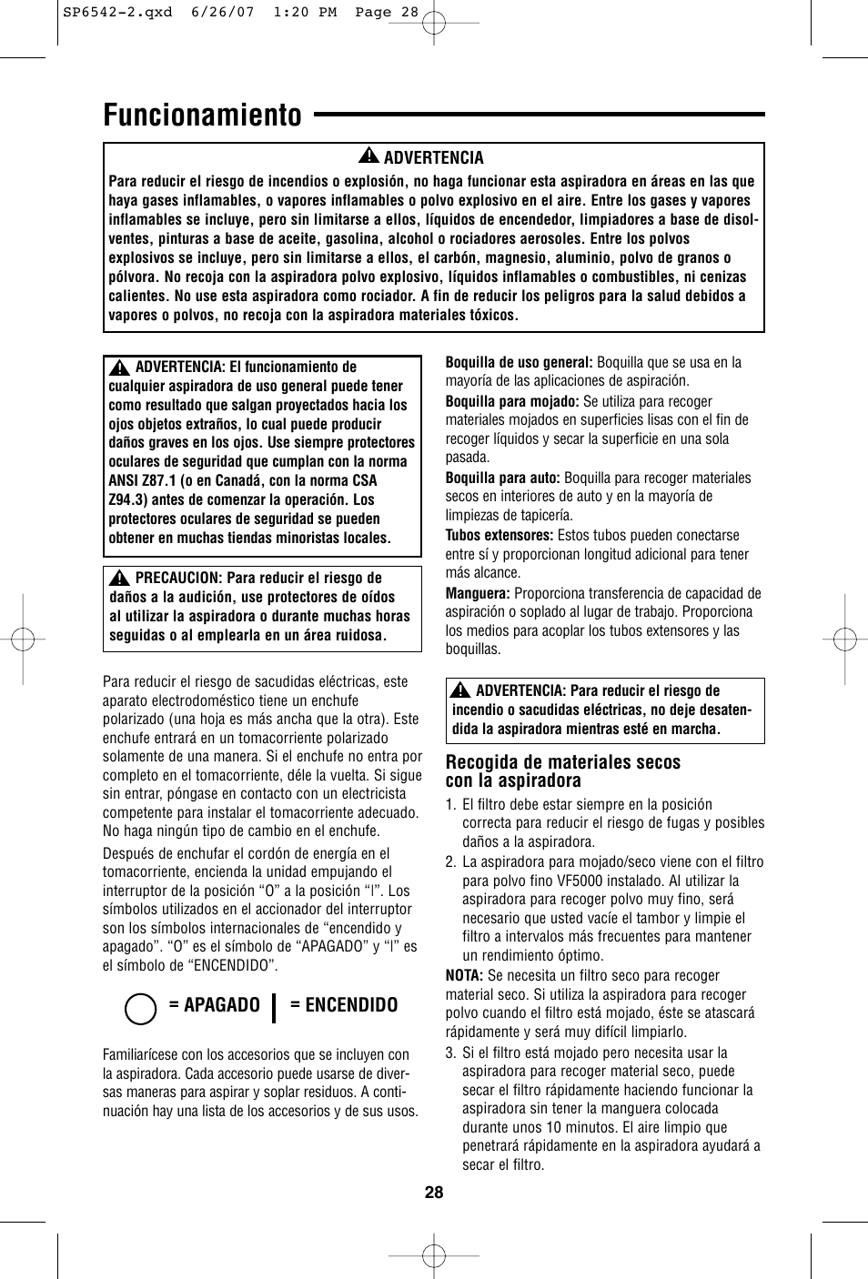 Funcionamiento, Recogida de materiales secos con la aspiradora, Apagado = encendido | RIDGID WD1450 User Manual | Page 28 / 36