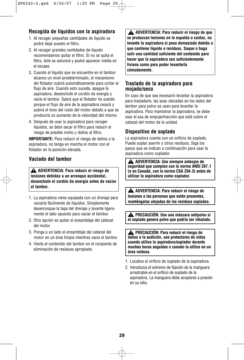Recogida de líquidos con la aspiradora, Vaciado del tambor, Traslado de la aspiradora para mojado/seco | Dispositivo de soplado | RIDGID WD1450 User Manual | Page 29 / 36