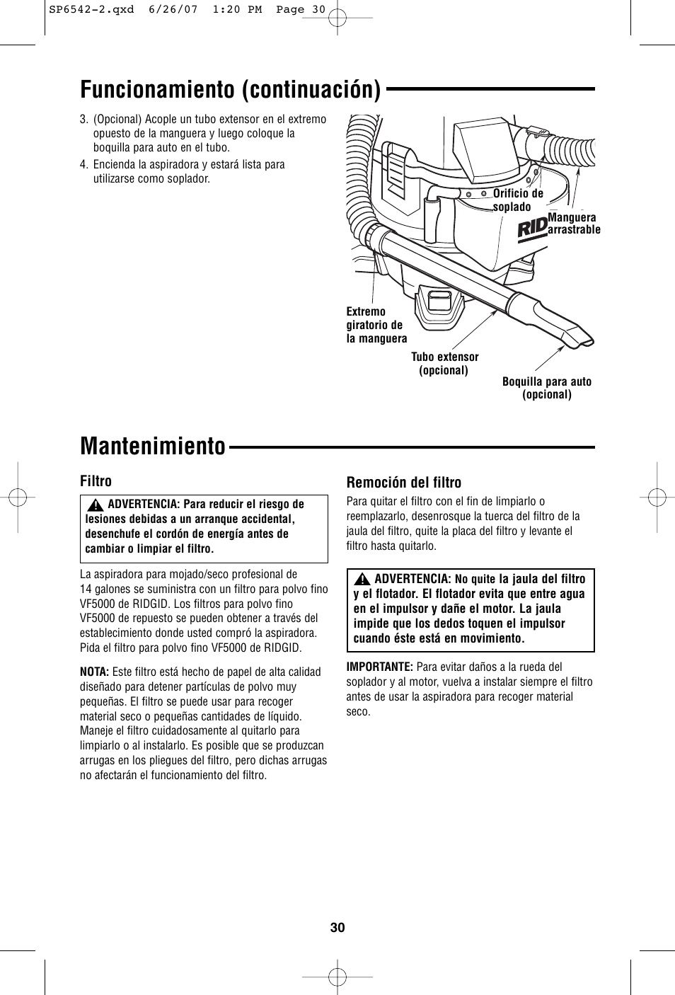 Mantenimiento, Funcionamiento (continuación), Rid g i | RIDGID WD1450 User Manual | Page 30 / 36