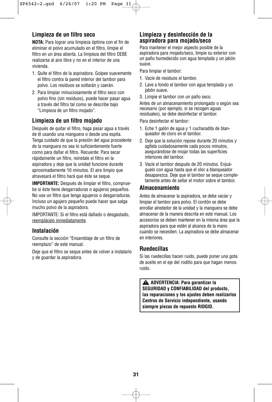 Almacenamiento, Ruedecillas, Limpieza de un filtro seco | Limpieza de un filtro mojado, Instalación | RIDGID WD1450 User Manual | Page 31 / 36