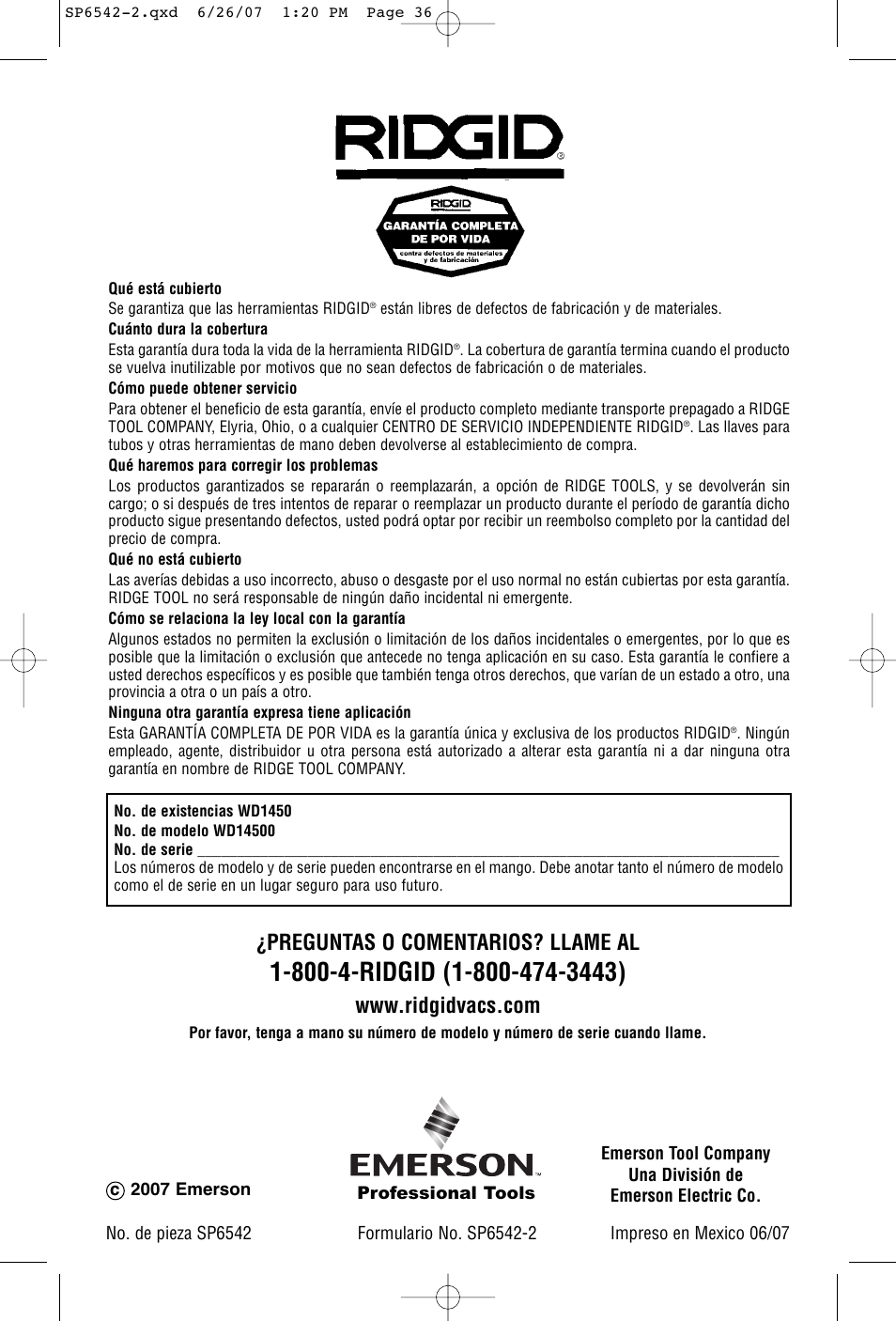 Preguntas o comentarios? llame al | RIDGID WD1450 User Manual | Page 36 / 36