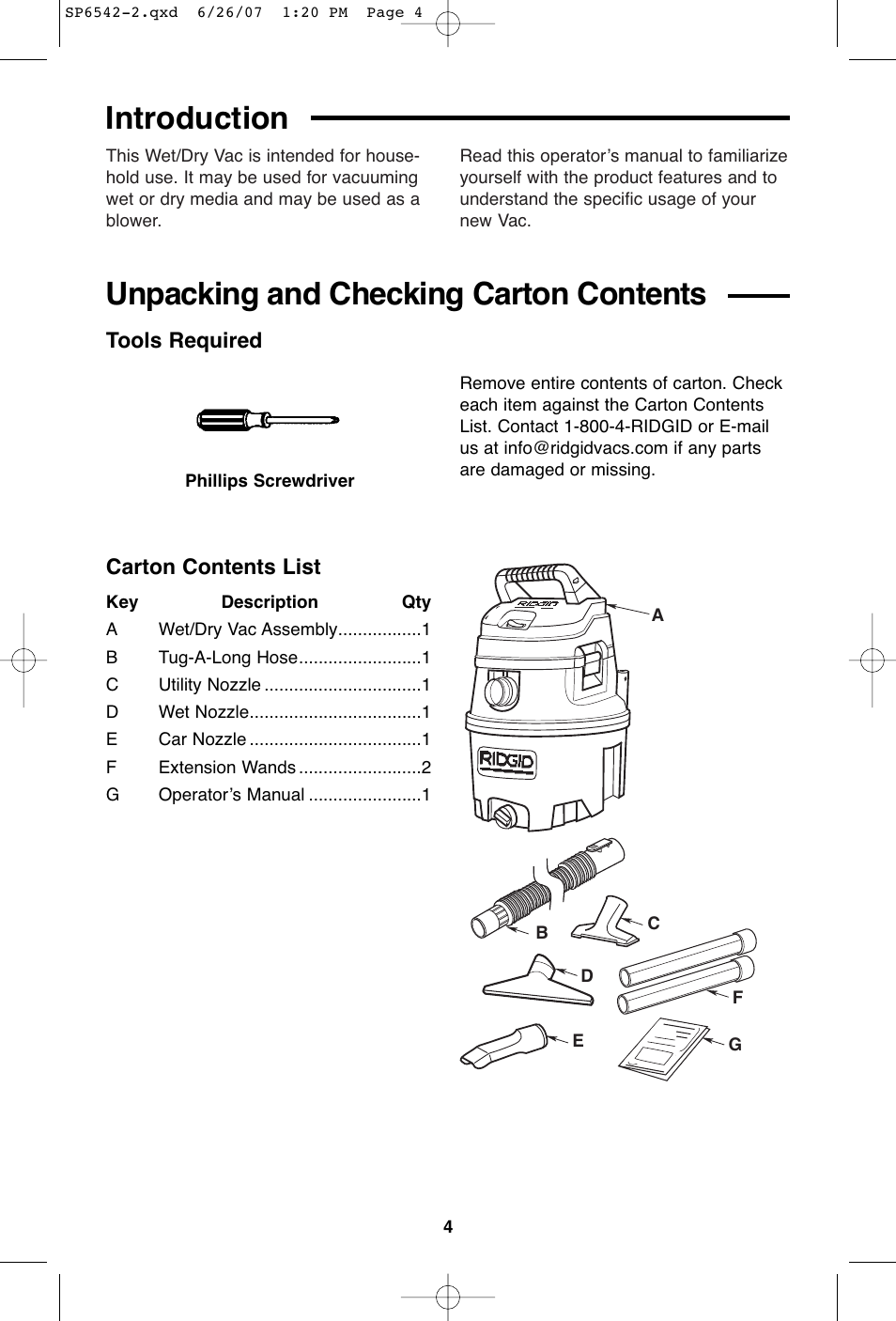 Unpacking and checking carton contents, Introduction, Tools required carton contents list | RIDGID WD1450 User Manual | Page 4 / 36